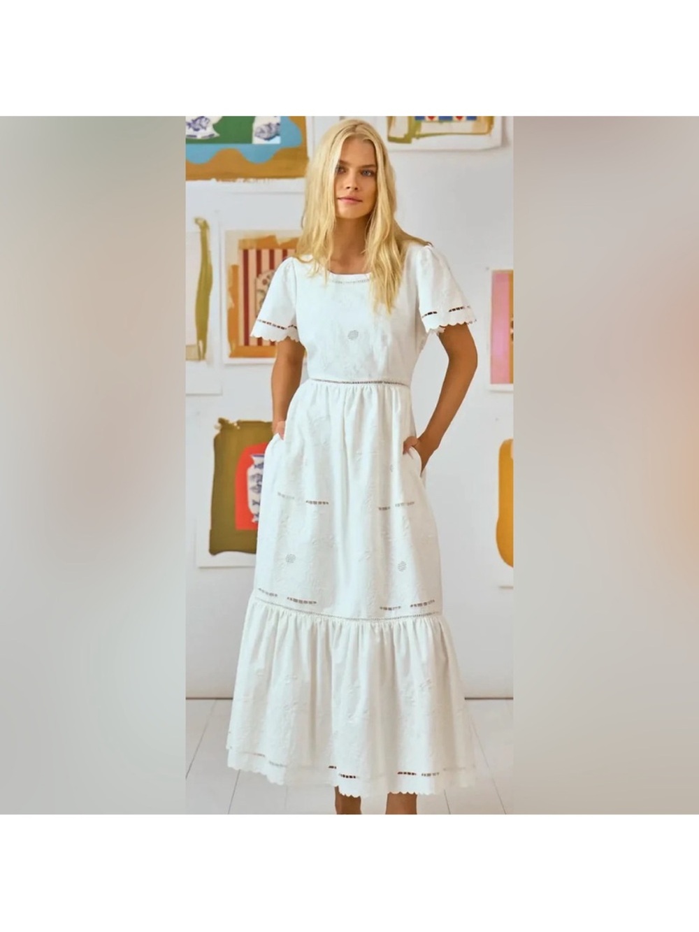Hunter Bell Marley Flutter-Sleeve Embroidered Eyelet Midi Dress